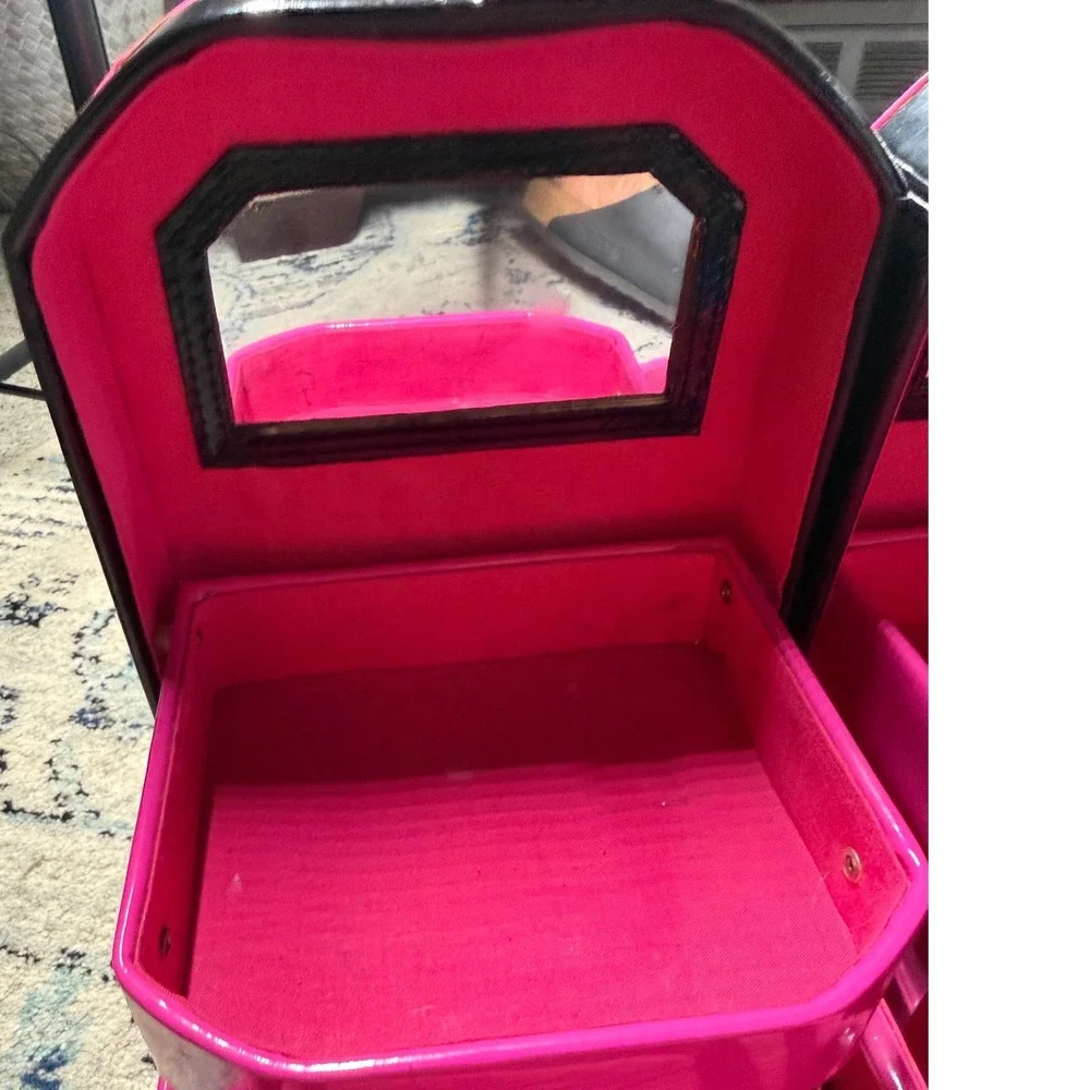 Vintage Pink Black Heart Shaped Makeup Train Case Vanity Mirror Box Y2K Storage